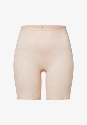 Beżowe szorty modelujące z falistym wzorem, bezszwowym fasonem oraz długością do połowy uda, z elastycznym pasem dla wygody.