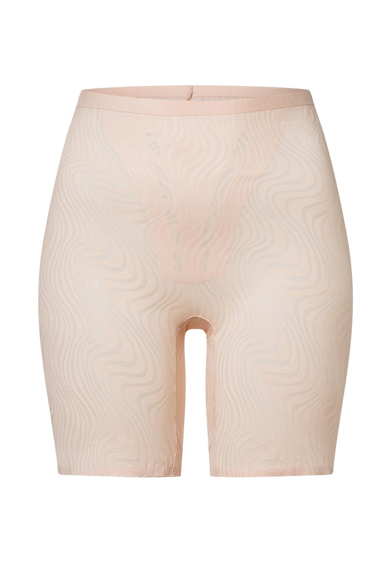 Beige Shapewear-Shorts mit Wellenmuster, nahtlosem Design und mittellanger Beinlänge, ausgestattet mit einem elastischen Bund für hohen Tragekomfort.