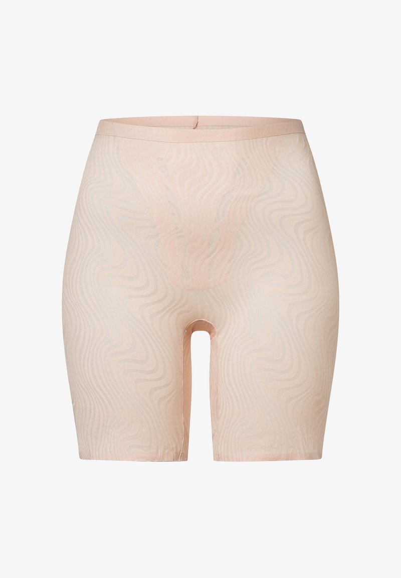Beige Shapewear-Shorts mit Wellenmuster, nahtlosem Design und mittellanger Beinlänge, ausgestattet mit einem elastischen Bund für hohen Tragekomfort.