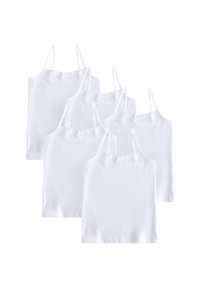 Cinque camisole bianche senza maniche con sottili spalline e piccoli fiocchetti in pizzo sullo scollo disposte in file sovrapposte.