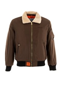 Braune Bomberjacke mit beigem Pelzkragen, Reißverschluss vorne, gerippten Bündchen und Saum. Verfügt über seitliche Taschen und ein Logo-Patch am Saum.