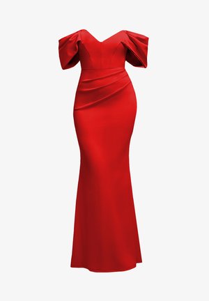 Abito da sera in raso rosso con silhouette aderente, scollatura a V e maniche a sbuffo oversized. I dettagli drappeggiati mettono in risalto vita e fianchi.