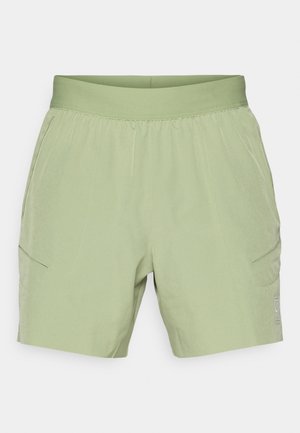 Șorturi verde deschis cu un elastic la talie, două buzunare laterale și plisaje subtile. Fabricate dintr-un material ușor. Au un design minimalist.