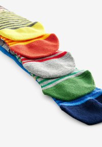 Pile de chaussettes rayées colorées montrant les parties des orteils en jaune, orange, gris, vert et bleu sur fond blanc.