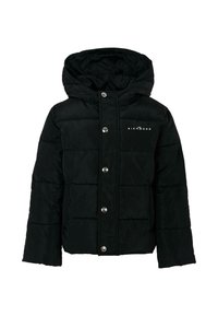 Czarna kurtka puchowa z kapturem, o prostokątnym kroju, pikowanej fakturze, srebrnymi zatrzaskami i logo na lewej piersi.
