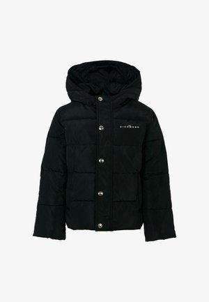 Giacca a vento nera con cappuccio, caratterizzata da un design squadrato, texture trapuntata, bottoni a pressione argentati e logo sul lato sinistro del petto.