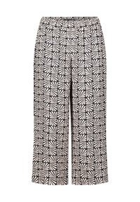 Czarno-białe wzorzyste kuloty o szerokim kroju, z geometrycznym motywem liści i elastycznym paskiem w talii dla komfortu.