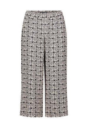Black and white patterned culottes with a wide-leg design, featuring a geometric leaf motif and an elastic waistband for comfort.