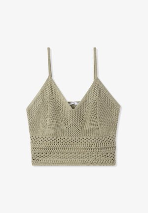 Bralette lavorato a maglia in verde oliva, con scollatura a V, spalline regolabili, motivo testurizzato e fascia solida con dettagli a trama aperta.