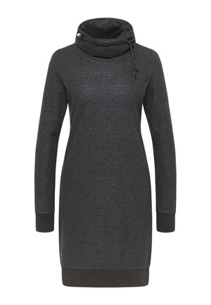 Tumedashalline kleit kummikraaniga, pikkade varrukatega, soonikkoes ja peene tekstuuriga. Kaela juures on nöördetail.