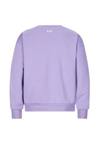 Lila Sweatshirt mit Rundhalsausschnitt, langen Ärmeln und gerippten Bündchen. Der glatte Baumwollstoff verfügt über ein kleines Etikett auf der Rückseite.