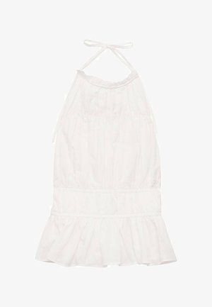 Bela obleka z halter-izrezom, ki ima zbrano bodico, nabran rob in mehak tekstilni izgled. Prilagodljive vrvi pri izrezu.