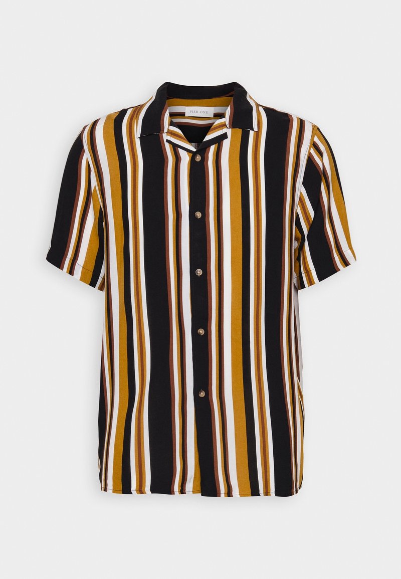 Camicia a maniche corte con bottoni caratterizzata da righe verticali in nero, bianco, marrone e senape. Tessuto morbido con colletto e cinque bottoni.