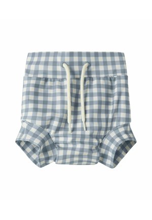 Pannolino da nuoto per bambini a quadretti blu e bianchi con aperture elastiche per le gambe e coulisse bianca in vita.