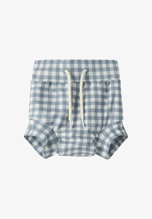 Kék-fehér kockás baba úszópelenka elasztikus lábnyílásokkal és fehér húzózsinórral a deréknál.