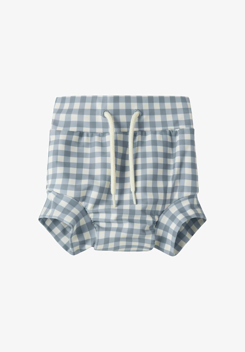 Culotte de bain pour bébé à carreaux bleus et blancs, avec des ouvertures élastiques aux jambes et un cordon blanc à la taille.