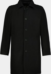 Abrigo negro con cuello, cierre frontal de botones con cinco botones y bolsillos laterales. Fabricado con una tela suave y estructurada.