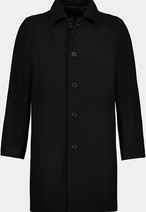 Cappotto nero con colletto, chiusura frontale con cinque bottoni e tasche laterali. Realizzato in un tessuto liscio e strutturato.