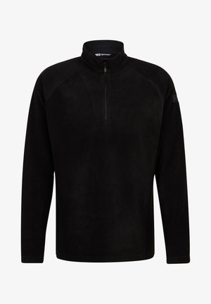 Schwarzer Fleece-Pullover mit hohem Kragen, der einen Viertel-Reißverschluss, Raglanärmel und eine weiche Textur aufweist. Keine sichtbaren Muster oder Akzente.