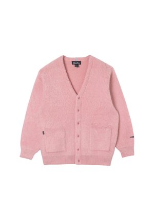Cardigan rosa lavorato a maglia con scollo a V, maniche lunghe, due tasche frontali e chiusura a bottoni. Realizzato in un materiale morbido e testurizzato.