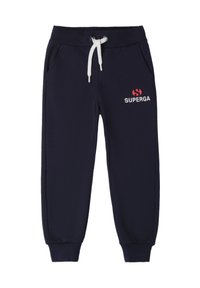 Navyblaue Jogginghose mit elastischem Bund, Kordelzug, Seitentaschen und weißem Logo "SUPERGA" auf der Vorderseite in Pink und Weiß.