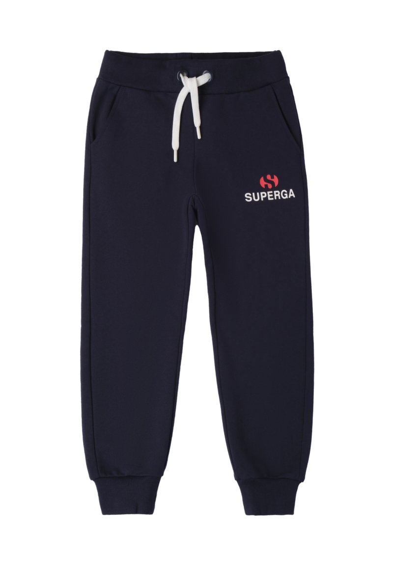Navyblaue Jogginghose mit elastischem Bund, Kordelzug, Seitentaschen und weißem Logo "SUPERGA" auf der Vorderseite in Pink und Weiß.