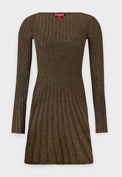 Πλεκτό φόρεμα με μακριά μανίκια, με ραβδωτή υφή σε καφέ απόχρωση με διακριτή λάμψη, τετράγωνη λαιμόκοψη και φαρδιά σιλουέτα.