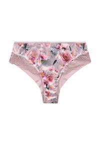 Intimo con stampa floreale in rosa e grigio, caratterizzato da dettagli in pizzo intricati, una morbida texture satinata e un design a vita media.