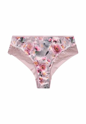 Ondergoed met bloemenprint in roze en grijs, met ingewikkelde kantaccenten, een zachte satijnachtige textuur en een middelhoge pasvorm.
