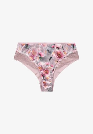 Floral print underwear in pink and gray, featuring intricate lace accents, a soft satin-like texture, and a mid-rise design.