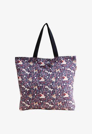 Vzorec na torbi tote z temno modrim ozadjem, z motivi živali, cvetja in pentelj; tkanina je mehka z odporno črnimi ročaji.