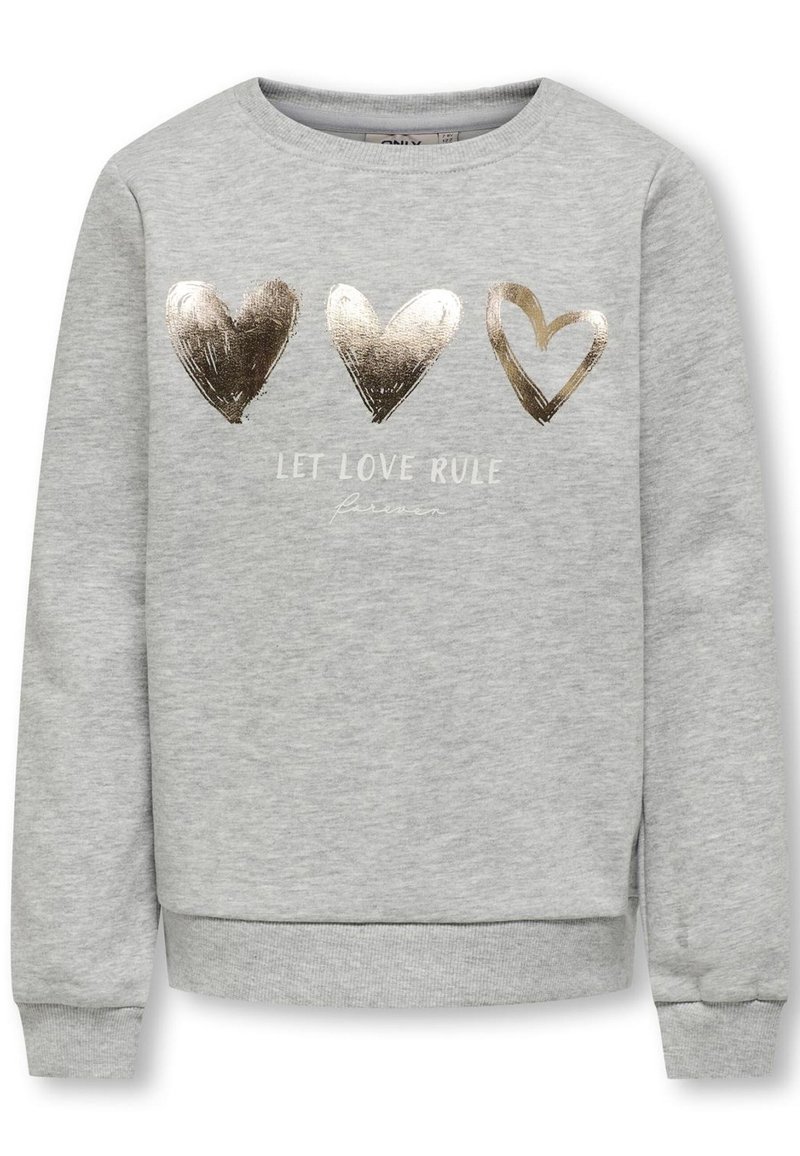 Sweatshirt cinza com três desenhos de corações metálicos dourados e a frase "DEIXE O AMOR REINAR" impressa abaixo. Punhos e barra canelados. Textura macia.