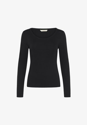 Čierny top s dlhým rukávom vyrobený z jemnej látky. Má okrúhly výstrih a priliehavý strih, s hladkou textúrou a bez viditeľných vzorov.