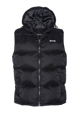 Sort puffy vest med lynlås og hætte. Har quiltet design og synlige detaljer. Brandlogo på øverste venstre side. Blød tekstur.