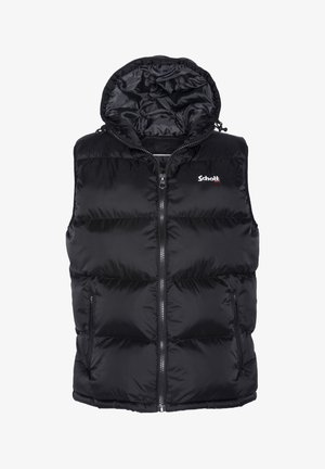 Schwarze puffy Weste mit Reißverschluss vorne und Kapuze. Besitzt ein gestepptes Design und sichtbare Hardware. Markenlogo auf der oberen linken Seite. Weicher Griff.