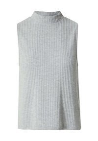 Grijze mouwloze top met een hoge ribbelhals, gemaakt van zachte stof met subtiele verticale ribbels door het gehele lichaam.