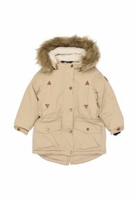 Beiger Parka mit pelzgefütterter Kapuze, Druckknöpfen und zwei Vorderentaschen. Verfügt über braune Akzente und ein weiches Innenfutter.