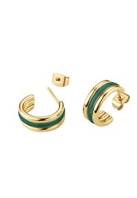 Pendientes de aro dorados con acentos en teal, que presentan un acabado liso y pulido, además de un diseño trenzado único. Incluyen un cierre trasero seguro.