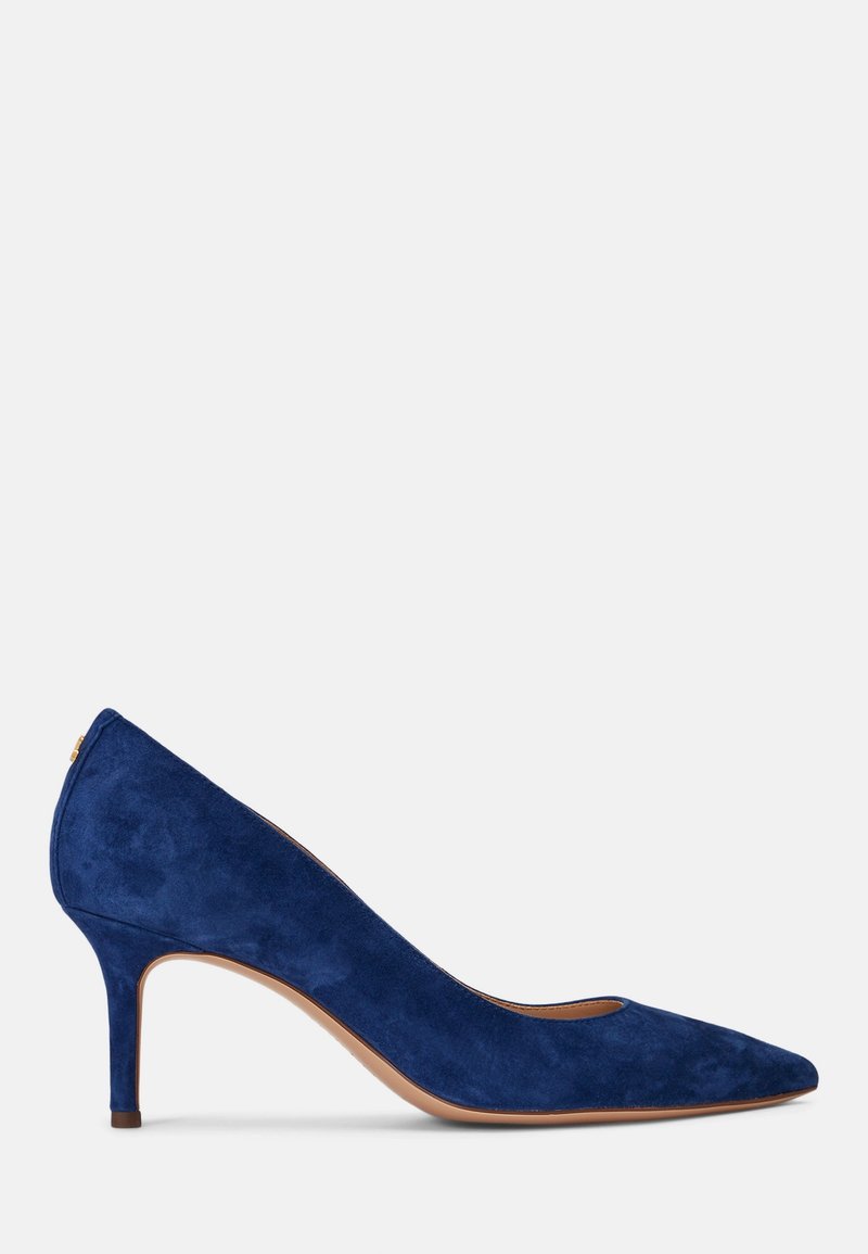 Chaussure à talon haut en daim bleu avec un bout pointu et un talon effilé. Texture lisse avec un accent doré à l'arrière.