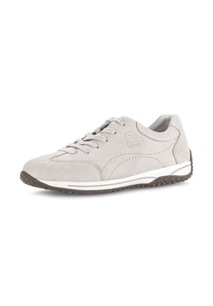 Light gray lace-up sneaker with rubber sole, stitching details, and "Gabor" logo on the side, angled to show outer side.