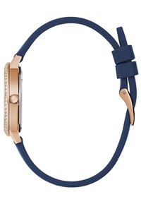 Rózsaarany karóra kristályokkal díszített lünetta, sötétkék szilikon szíj és fém csat. Karcsú, téglalap alakú forma sima felülettel.