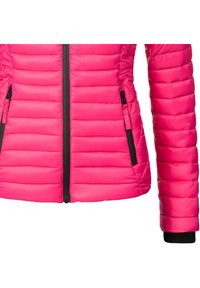 Pink puffer jacket with horizontal stitching, two zippered side pockets, black zipper and cuffs, and a fitted design for warmth.