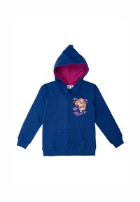 Felpa con zip blu e cappuccio interno rosa, decorata con una grafica di un personaggio di Paw Patrol e cuori, realizzata in un tessuto morbido e testurizzato.