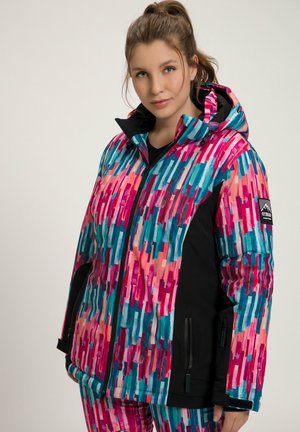 Colorful insulated jacket featuring a geometric pattern in pink, turquoise, and black with a hood and zippered pockets. Black accents on sleeves.