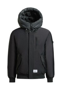 Schwarze gesteppte Jacke mit einer strukturierten, übergroßen Kapuze, Reißverschluss vorne und mehreren Reißverschlusstaschen. Glatte Textur und elastische Bündchen.