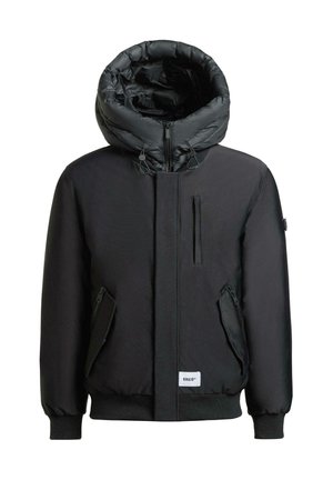 Svart vattert jakke med en strukturert, overdimensjonert hette, glidelås foran og flere glidelåslommer. Glatt tekstur og elastiske mansjetter.