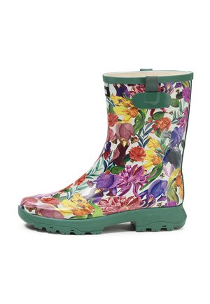 Mid-height rain boot with green sole and trim, decorated with a colorful floral pattern including purple, yellow, red, and orange flowers.