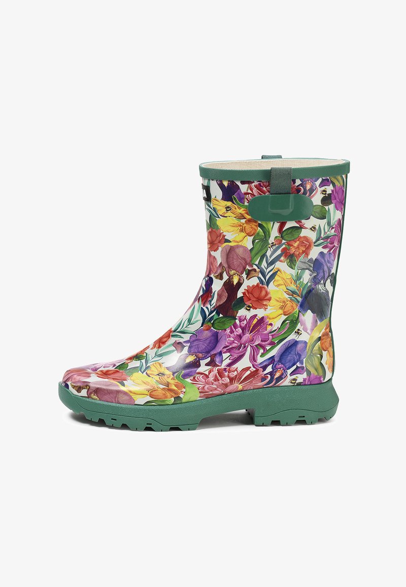 Botte de pluie mi-haute avec semelle et bordure verts, décorée d'un motif floral coloré comprenant des fleurs mauves, jaunes, rouges et orange.