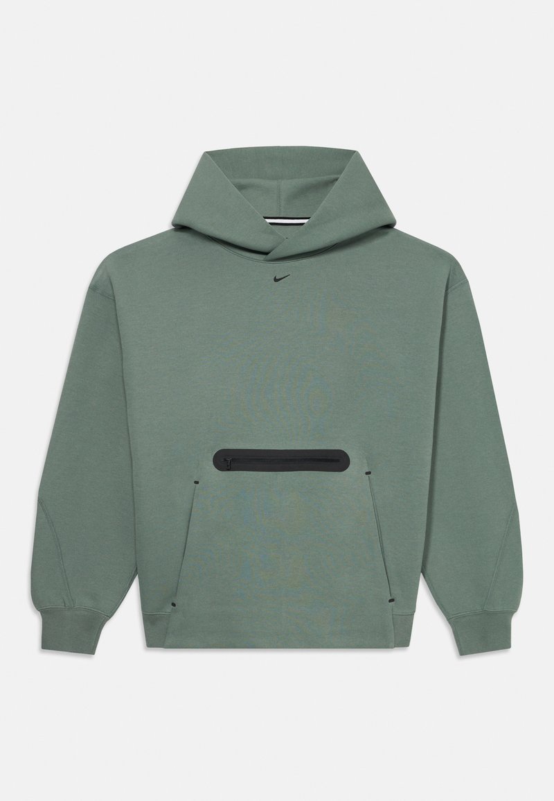 Sweatshirt verde com capuz, com bolso frontal com zíper, punhos ribateados e pequeno logotipo preto da Nike centrado abaixo do decote.