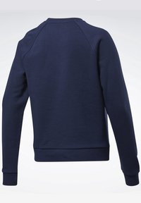 Marinblå sweatshirt med en slät yta, raglanärmar, ribbade ärmmuddar och midja. Har en rundad hals och minimal design.